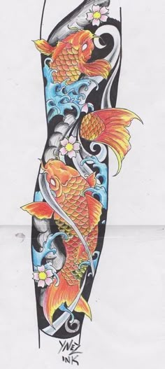 a drawing of a vase with gold fish on it