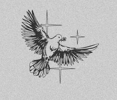 a black and white drawing of a dove on a cross