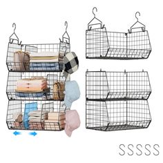 three wire baskets with clothes hanging on them