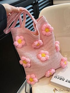 BirdinBag - Double Handle Floral Straw Bag - Stylish Vacation Decor Essential Pink Crochet Satchel Bag With Adjustable Strap, Pink Satchel Crochet Bag With Adjustable Strap, Pink Crochet Shoulder Bag For Spring, Pink Single Handle Bag For Daily Use, Pink Handheld Gift Bag, Pink Crochet Bag With Large Capacity, Large Capacity Pink Crochet Bag For Shopping, Pink Crochet Shoulder Bag With Adjustable Strap, Pink Rectangular Bag With Single Handle