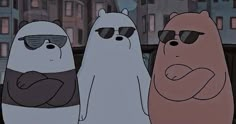 three cartoon bears wearing sunglasses and standing next to each other in front of some buildings