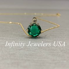 "The pendant pictured is a round lab created emerald and diamond #6885 -Approximate total carat weight: approx. 2.75ctw diamond equivalent -Center Stone Size: 9mm - approx. 2.70ct diamond equivalent -Center Stone Shape: round/rose cut -Gem Type: lab created emerald -Stone Clarity: VS2 -Stone Color: Rich Green -Moh's Scale: 8.5 hardness -Accent Stone Size: round approx. 0.04ct. diamond equivalent -Gem Type: genuine diamond -Stone Clarity: SI1 -Stone Color: G -Moh's Scale: 10 hardness -Metal Type Classic Emerald Necklace With Diamond Accents, Classic Round Emerald Necklace With Diamond Accents, Brilliant Cut May Birthstone Necklace Gift, Brilliant Cut Necklace For Anniversary, May Birthstone, May Birthstone Necklace With Brilliant Cut Gift, Classic 14k Gold Emerald Necklace For May Birthstone, Classic Cubic Zirconia Emerald Necklace, Gift Round Emerald Cubic Zirconia Necklace, Round Cubic Zirconia Emerald Necklace Gift