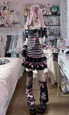 Kemonomimi Outfit, Pink Goth Clothes, Jfashion Subcultures, Colorful Edgy Outfits, Yabi Fashion, Yamikawaii Outfit, Black Kawaii Outfits, Goth Femboy Outfits, Harajuku Fashion Goth