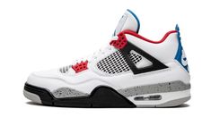 The Air Jordan 4 “What The” combines colorways of some of the most timeless Jordan 4s into one.  The “What The” release celebrates the 30th Anniversary of the Air Jordan 4 model.  The “White Cement,” “Military Blue,” “Fire Red,” and “Black Cement” colorways all receive love and are featured on parts of both pairs of the design.  A white leather base covers the mid-panel, toe, and heel of both sneakers.  The left pair features a black base beneath white netting on the mid-panel.  Fire Red eyelets Yeezy 750, Air Jordan Retro 4, Nike X Travis Scott, Jordan Retro 4, Jordan Model, Jordan 4s, Nike Air Jordan Retro, Jordan 4 Retro, Air Jordan 4