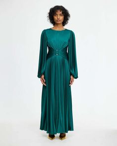 The norseman midi dress in myrtle green by acler is an elegant long sleeve dress featuring a pleated fabrication stitched waistband with gold hardware and ethereal sleeve with elasticated cuff.    - 100% polyester  - lined bodice  - #as2307110d-d1-f1-myrtle-green Draping Techniques, Myrtle Green, Gold Buttons, Thom Browne, Invisible Zipper, Jeans Dress, Victoria Beckham, Gold Hardware, Sleeve Dress