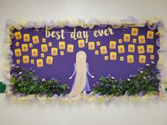 a purple and yellow decorated wall with the words best day ever written on it