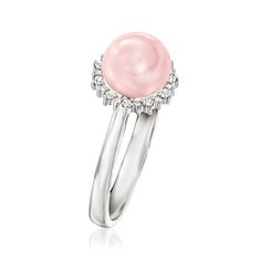 Ross-Simons - 7-7.5mm Pink Cultured Pearl Ring, Diamond Accents in Silver. Size 6. An elegant look priced to please, this pretty 7-7.5mm pink cultured freshwater button pearl ring features a sparkling halo of diamond accents. Crafted in polished sterling silver. 3/8" wide. Pink pearl ring. Pearl birthstones are the perfect gift for June birthdays. Pink Pearl Engagement Ring, Elegant Pink Pearl Round Ring, Pink Pearl Ring For Wedding, Pink Pearl Ring, Cultured Pearl Ring, Pearl Birthstone, Pearl Engagement Ring, Freshwater Pearl Ring, Three Rings