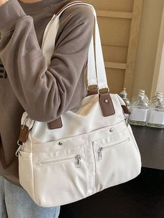 1pc Solid Color Multi-Pocket Multi-Shoulder Strap Women's Tote Bag, Fashionable Unisex Shoulder Bag, Large Capacity Casual Crossbody Bag, Suitable For Daily Commuting And College Students, Fabric Material White Preppy,Unisex   Polyamide Colorblock,Geometric,Letter,Plain Shoulder Tote Bag   Women Bags, size features are:Bust: ,Length: ,Sleeve Length: Cheap Beige Baguette Bag With Zipper Closure, Cheap Beige Baguette Bag For Office, Cheap Large Capacity Shoulder Bag With Double Handle, Tote Bag For College Students, College Bag Aesthetic, Casual Bags Women, Bag For University, Purse For School, School Tote Bags