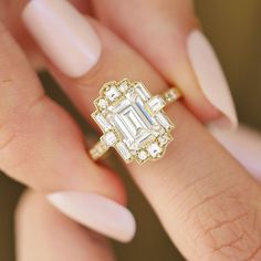 Deco Emerald Cut Moissanite Diamond Mosaic Engagement Ring | Berlinger Jewelry Deco Style Engagement Ring, Mosaic Engagement Ring, Berlinger Jewelry, Mosaic Ring, Milgrain Engagement Ring, Art Deco Emerald, Lab Created Diamond Rings, Leaving Room, Ring Rosegold