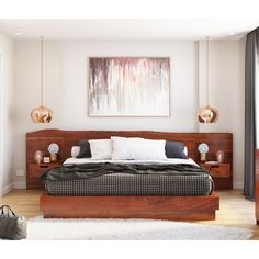 a bedroom with a bed, nightstands and painting on the wall above it's headboard