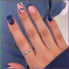 These nails capture the essence of winter with a stunning blue gradient, delicate snowflake designs, and a touch of glitter. The smooth transition from light to dark blue creates a frosty effect, making this design perfect for embracing the winter season. The glossy finish and intricate details add elegance, making it ideal for both casual and special occasions. Blue Easy Nail Designs, Simple Nail Designs January, Acrylic Painting Nails, Brown Double French Tip Nails, Nail Art Square Shape Short, New Years Nail Inspo Square, Nails Idea For Short Nails, Dark Blue Short Nail Designs, New York Rangers Nails