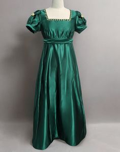 Gothic Deep Green Bridgerton Inspired Regency Dress Women - Green Bridgerton Dress with Bow Tie Belt Plus Size - WonderlandByLilian Vintage Green Dress With Historical Design, Green Vintage Dress With Historical Design, Elegant Green Dress With Historical Design, Green Victorian Dress For Wedding, Elegant Historical Dress For Vintage Events, Elegant Dress With Historical Design For Vintage Events, Green Formal Dress With Historical Design, Elegant Vintage Dress With Historical Design, Green Victorian Wedding Dress