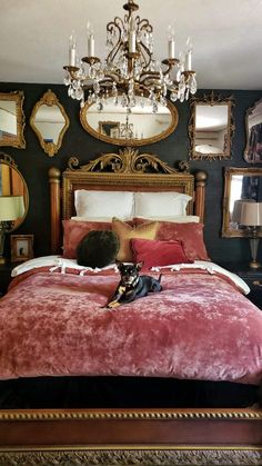 a dog laying on a bed in a bedroom with chandelier and mirror above it