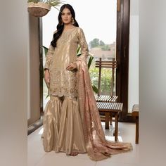 Designer Outfit From Pakistan Javeria -Sidra Mumtaz. Gharara With Shirt And Dupatta. Very Well Stitched, For Nikkah. Nikkah Dress Pakistani, Pakistani Formal Wear, Dress Pakistani, Nikkah Dress, Designer Outfit, Pakistani Dresses, Very Well, Formal Wear, Pakistan