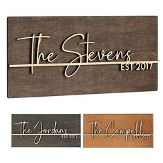 three wooden signs that say the name of each family