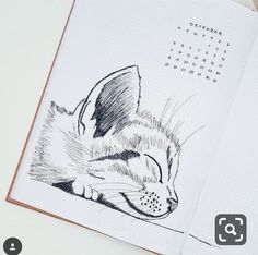 an open notebook with a drawing of a kitten sleeping on it's side and the words december written in black ink