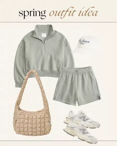 Spring outfit idea: matching shorts and sweatshirt set from Abercrombie, sneakers, a ball cap, and a quilted tote bag. This outfit is casual but makes you look put together for those spring outings! Spring Outfit Idea, Look Put Together, Sweatshirt Set, Ball Cap, Spring Outfit