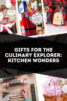 the words gifts for the culinary explorer kitchen wonders are in black and white with red accents