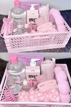 two baskets filled with pink items on top of a table