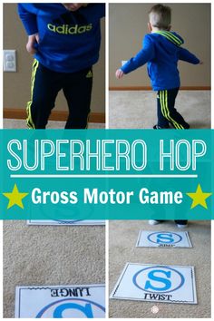 a collage of photos with the words superhero hop and cross motor game