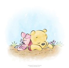 a cartoon winnie the pooh and piglet laying in the sand with flowers behind them