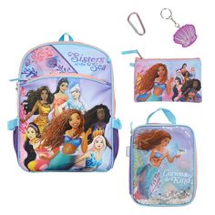 Go on a sea adventure with Ariel and her sisters with The Little Mermaid Backpack 5-Piece Set! The set includes 1x backpack, 1x lunch box, 1x utility case, 1x carabiner, and 1x rubber key chain. The backpack measures approximately 16-inches tall x 13-inches long x 3-inches wide. Little Mermaid 2023, Mermaid Backpack, Disney Tote Bags, Little Mermaid Live Action, Mermaid Kids, Rubber Keychain, Disney The Little Mermaid, Backpack Set, Disney Handbags