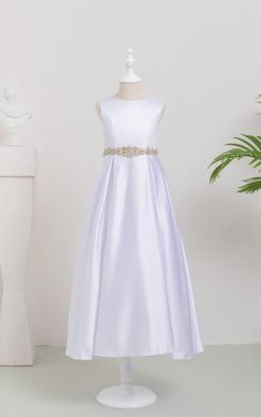 Shop Satin Scoop-neck Sleeveless Solid Flowergirl Dress with Beaded Waist Online. Dorris Wedding offers tons of high quality collections at affordable prices. Free shipping Now! Embellished Sleeveless Dress For Wedding, Elegant Sleeveless Dress For Pageant, Elegant White Bridesmaid Dress For Pageant, Elegant White Sleeveless Baptism Dress, Sleeveless White Baptism Gown, Sleeveless Floral Applique First Communion Dress, White Sleeveless First Communion Dress With Ruffles, Flowergirl Dress, Scoop Neck