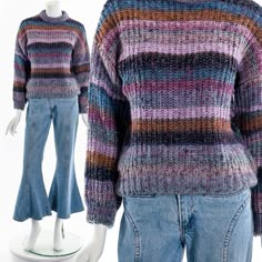 "- vintage muted blues and purples striped knit sweater - high neck -long balloon sleeves Fits like:  S - M Material:  Wool, Cotton Condition:  Great Clipped on Mannequin:  No ✂ SIZE + FIT ✂ Length: 22\" / 56 cm Shoulders, seam to seam: 24\" / 61 cm Sleeve Length: 21\" / 53 cm Bust: 42\" / 107 cm Waist: 38\" / 97 cm All measurements are taken with garment lying flat. ALWAYS refer to measurements as vintage sizes can vary greatly from today's modern sizes. We recommend comparing measurements above with a similar style garment you own for best fit before purchasing.  DRESS FORM / MANNEQUIN is wearing the size detailed above but she typically measures a size 4/6 by modern retail sizes or a general size small. Belt Accessories and other clothes are NOT included. ▲▲All Garments Have Been Launde Purple Sweaters, Colorful Knitted Sweater, Purple Striped Sweater, Handmade Purple Winter Sweater, Oversized Soft Knit Purple Sweater, Fitted Vintage Purple Sweater, Purple Hand-knitted Winter Sweater, Striped Sweater Outfit, Winter Outfits For School