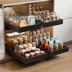 two trays filled with food on top of a wooden floor