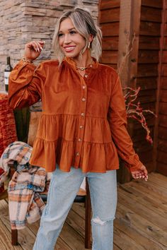 Winter Corduroy Tops, Fall Brown Top With Corduroy Collar, Fall Brown Tops With Corduroy Collar, Country Fall Outfits, Cats Health, Denim Shirt Outfit, Church Shirt, Corduroy Material, Fall Blouse