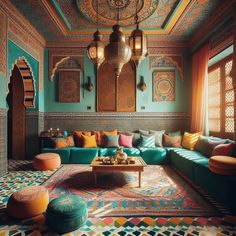 a living room filled with lots of colorful furniture