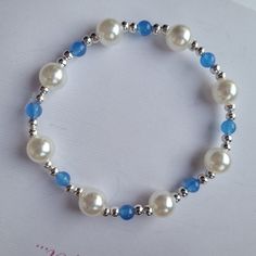 Your something new and blue! What a striking bracelet. Made from Glass pearls, Silver plated beads and gorgeous blue Agate. The perfect bridal gift  Handmade to order. Bracelets Patterns, Diy Bracelets Patterns, Bracelets Diy, Jewelry Making Project, Beaded Crafts, Bridal Gift, Agate Bracelet, Beaded Bracelets Diy, Blue Agate