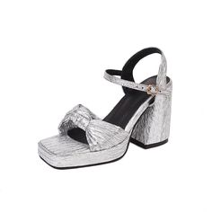 Shop Silver Plisse Knot Platform Chunky Heels Ankle Strap Buckle Party Sandals color Silver for Dancing Club, Going out, Music Festival, Party with worldwide Free shipping & Free return. Music Festival Party, Platform Chunky Heels, Dancing Club, Sandals Chunky, Chunky High Heels, Platform Heels Chunky, Chunky Heels Sandals, Strap Shoes, Thick Heels