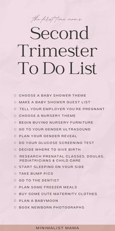 the second trimester to do list is shown in black and white, with pink background