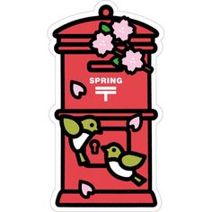 a red mailbox with flowers on it and the word spring written in white lettering