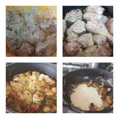 four different pictures of food cooking in pans on the stove top, including chicken and potatoes