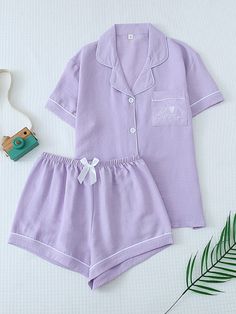 Women's Summer Contrast Trim Short Sleeve Shirt With Lapel Collar & Button Closure And Bow Knot Shorts Pajama Set, Suitable For Home Use Purple Casual-Young,Casual-Woman    Colorblock,Geometric,Letter,Plain Short Sets Slight Stretch All,Spring/Summer Women Sleep & Lounge, size features are:Bust: ,Length: ,Sleeve Length: Purple Pyjamas, Purple Pjs, Pjs Cute, Summer Pajamas Women, Cute Outfits With Shorts, Purple Pajamas, Sleepwear Women Pajamas, Outfit Essentials