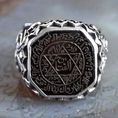 Mens Ring Seal of Solomon Sterling Silver Antique Black Onyx | Etsy Ceremonial Symbolic Black Rings, Spiritual Black Engraved Sterling Silver Ring, Symbolic Black Jewelry For Ceremonial Occasions, Symbolic Black Jewelry For Ceremonial Use, Symbolic Black Jewelry For Ceremonies, Collectible Black Etched Jewelry, Ceremonial Black Engraved Jewelry, Symbolic Black Engraved Hallmarked Ring, Engraved Silver Signet Ring With Spiritual Style