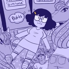 a drawing of a girl with glasses and an unicorn in front of her is surrounded by other cartoon characters