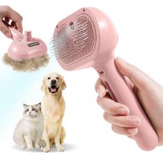 a person holding a pink hair dryer in front of two cats and a dog