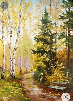 an oil painting of a path in the woods with a bench on one side and yellow leaves on the other