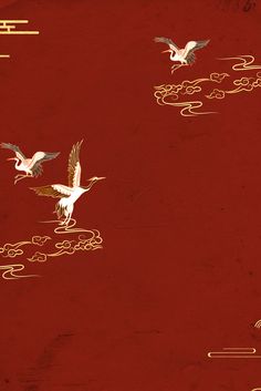 two white birds flying in the sky with clouds and sun beams above them on a red background