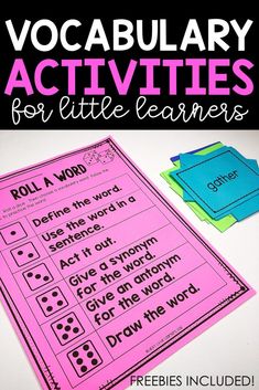 a pink and blue poster with words that read,'vocably activities for little learners '