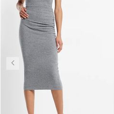 New Express High Waisted Ruched Side Midi Sweater Skirt Color: Heather Gray 2689 Features & Fabric High Waisted; Pull-On Design Ruched Side Detail Supersoft Sweater Fabric Straight Hem; Midi Length Length: 31" Nylon/Spandex Casual Ruched Knee-length Bottoms, Casual Knee-length Ruched Bottoms, Casual Midi-length Ruched Skirt, Relaxed Midi-length Ruched Bottoms, Ruched Relaxed Midi Skirt, Fitted Midi Skirt With Ruched Sides, Fitted Ruched Midi Bottoms, Fitted Ruched Midi-length Bottoms, Fitted Ruched Midi Length Bottoms