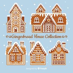 gingerbread house collection with snow and icing on the top, in different styles