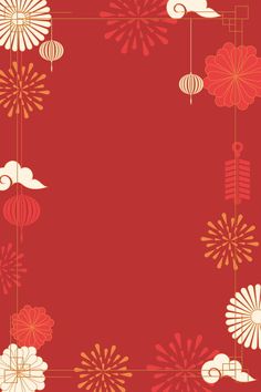 a red and gold background with chinese lanterns, clouds and flowers on the bottom right corner