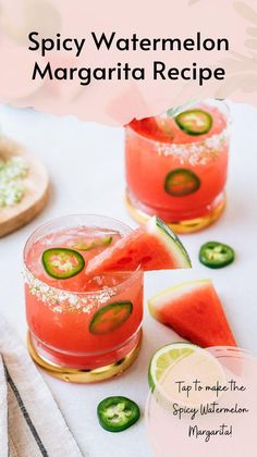 two glasses filled with watermelon margaritas and cucumber slices on top