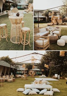 an outdoor setting with wicker furniture and string lights