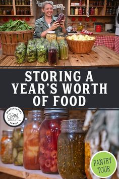 a man standing in front of jars filled with food and surrounded by other foods on shelves