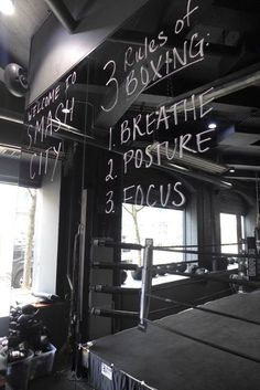 the inside of a boxing gym with chalk writing